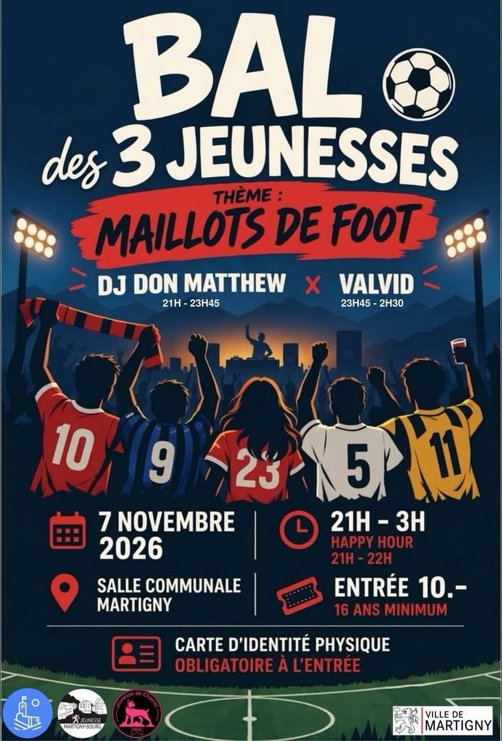 Affiche de Bal des 3 Jeunesses, thème maillots de foot