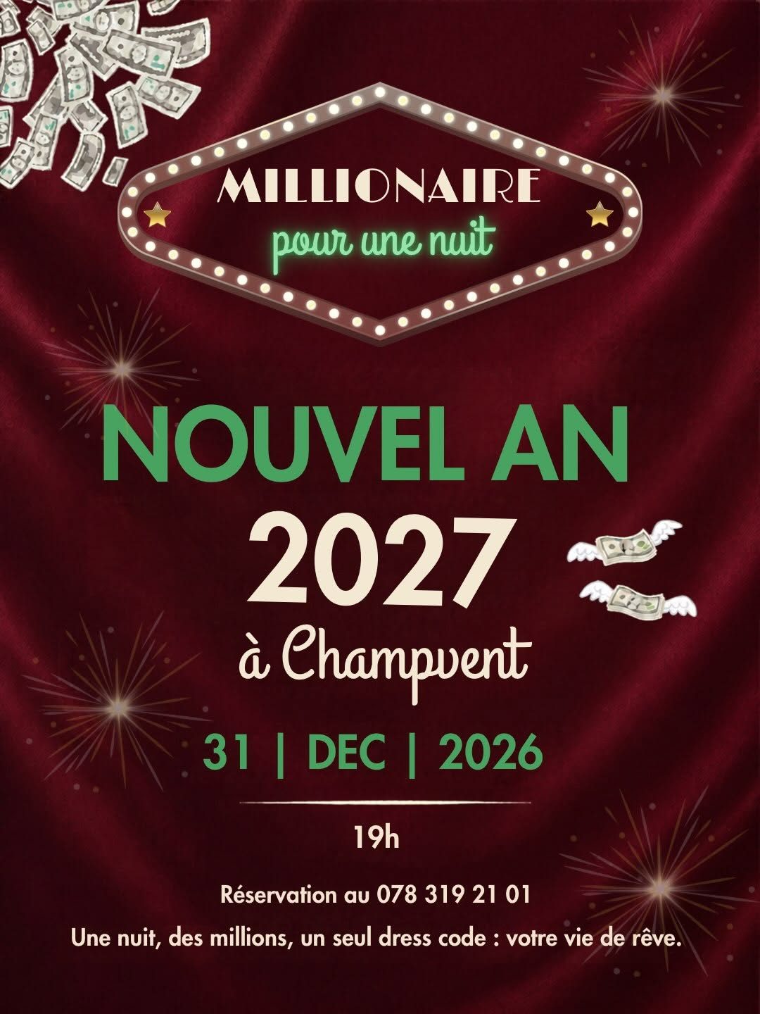 Affiche de Nouvel An 2027 à Champvent : Millionnaire pour une nuit